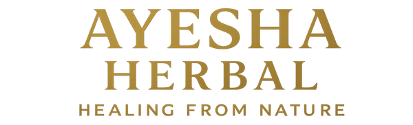Ayesha Herbal logo with gold text on a white background